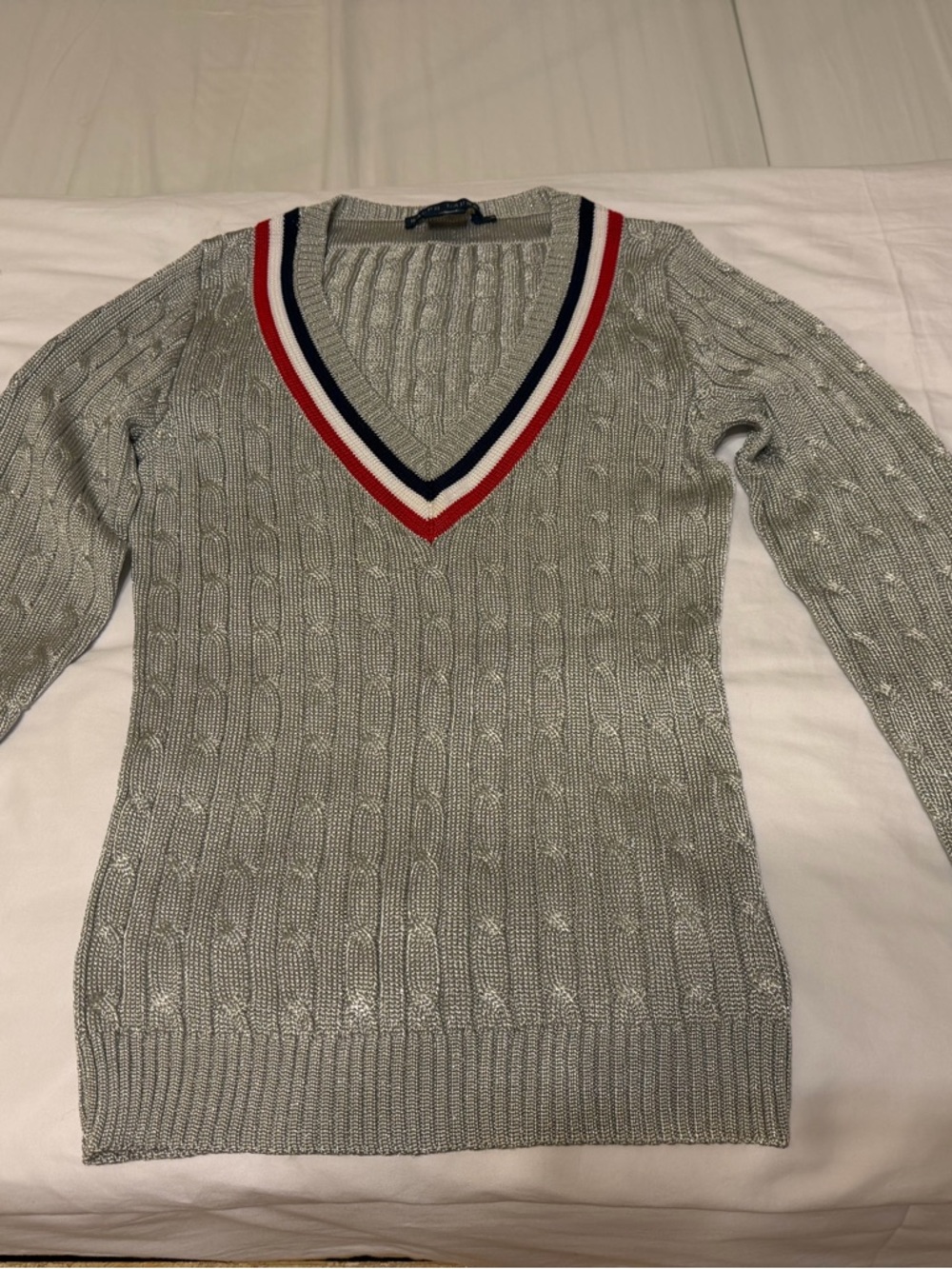 Ralph Lauren Gray Cable Knit V-Neck Sweater with Red, White & Navy Trim